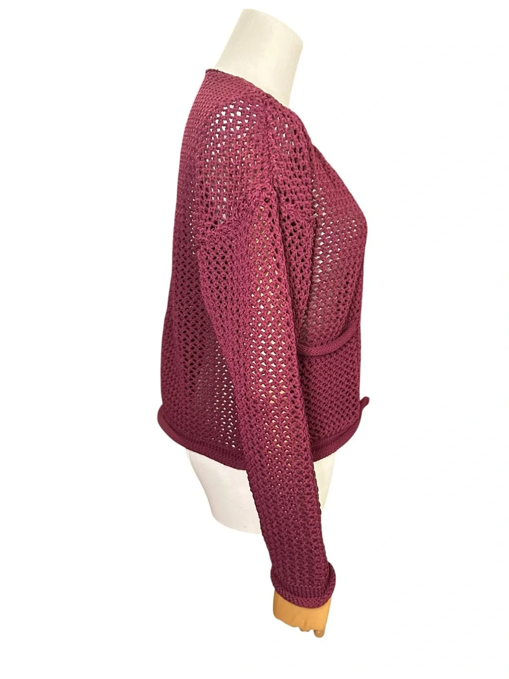 entro Maroon Crochet Open-Knit Button Cardigan